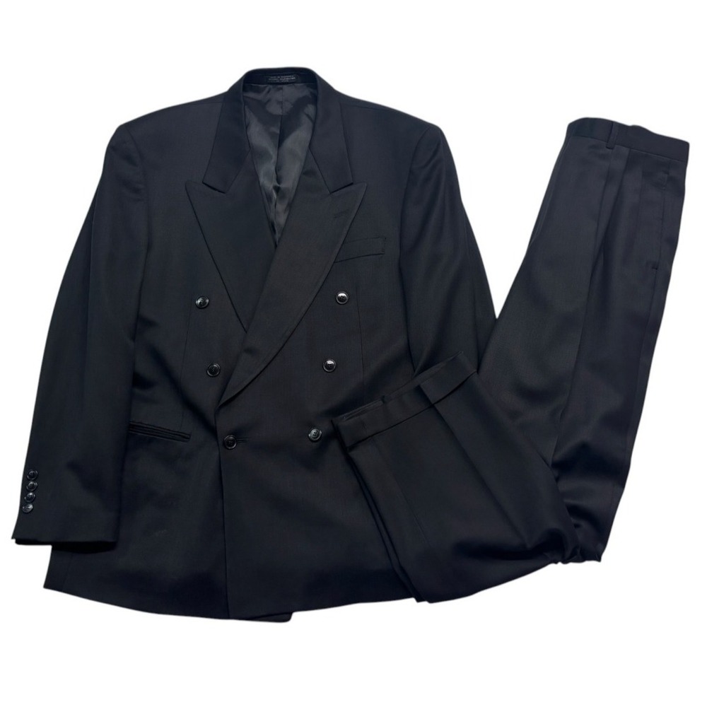 vtg 90s Black 42R 35x32 Double Breasted 2pc Pant Suit Wool Pleated Cuffed Mens
